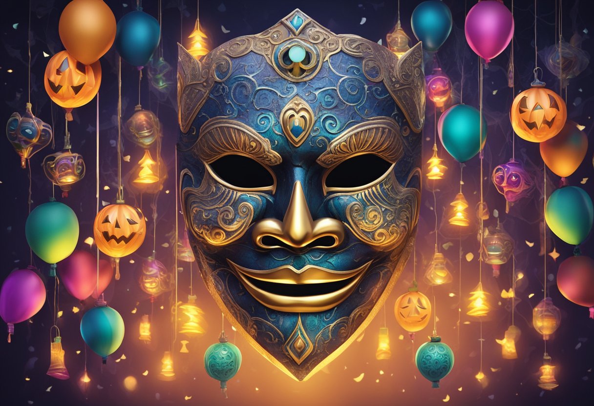 A spooky Halloween mask hangs on a wall in Singapore, surrounded by colorful decorations and dim lighting
