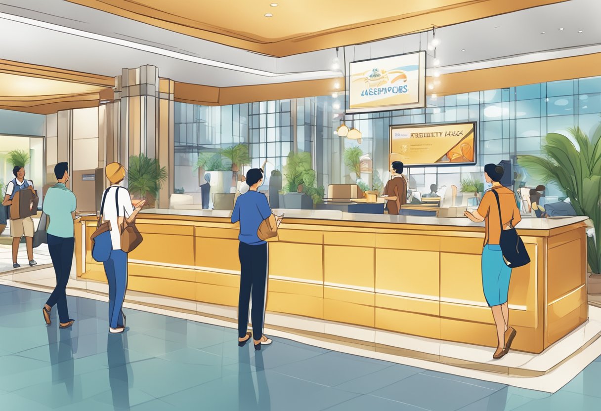 A bustling hotel lobby with a prominent "Frequently Asked Questions" sign next to a display of promotional materials for Singapore attractions. Guests approach the front desk with inquiries