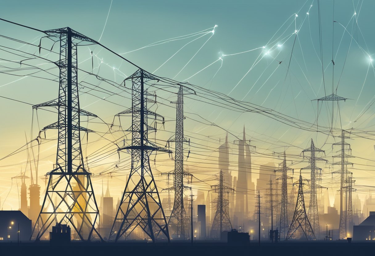 A city skyline with various types of power plants and renewable energy sources, connected by a network of transmission lines and substations