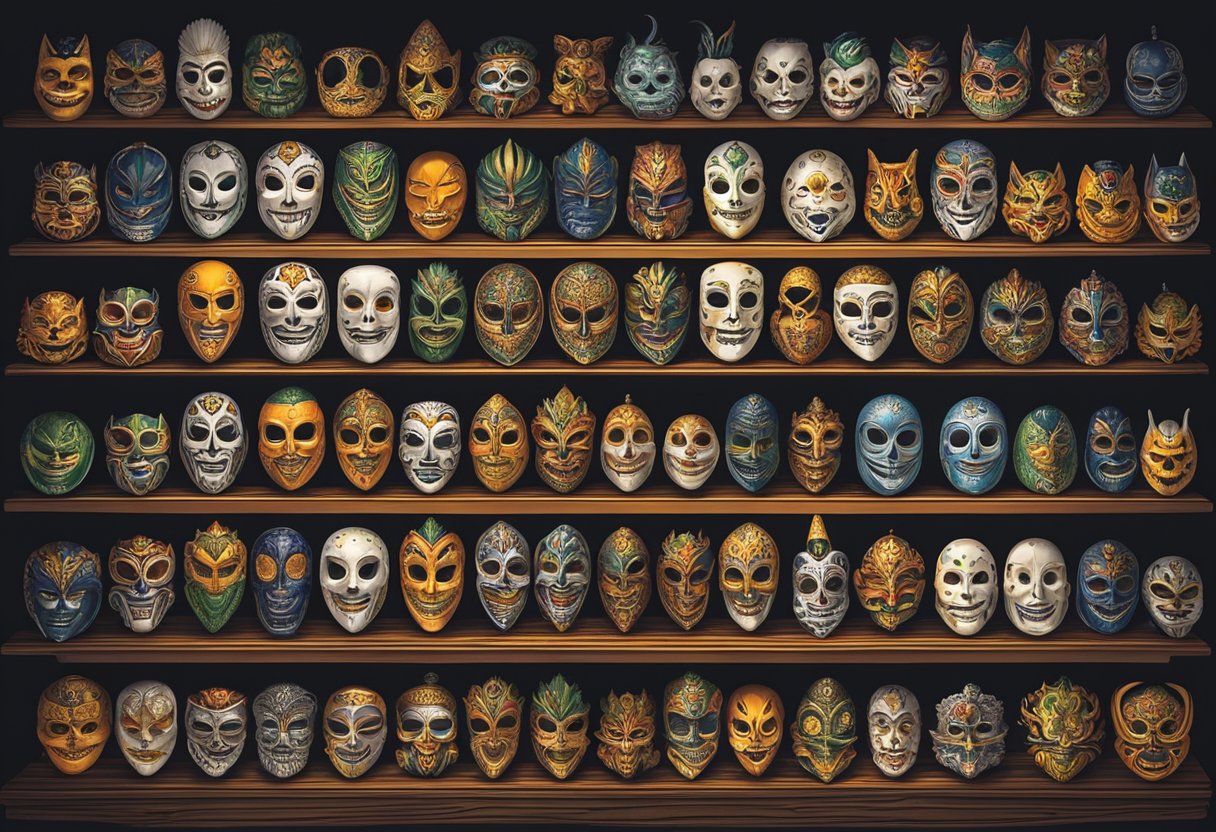 A table displays various Halloween masks in a dimly lit shop in Singapore. Brightly colored and intricately designed, the masks evoke a sense of mystery and excitement