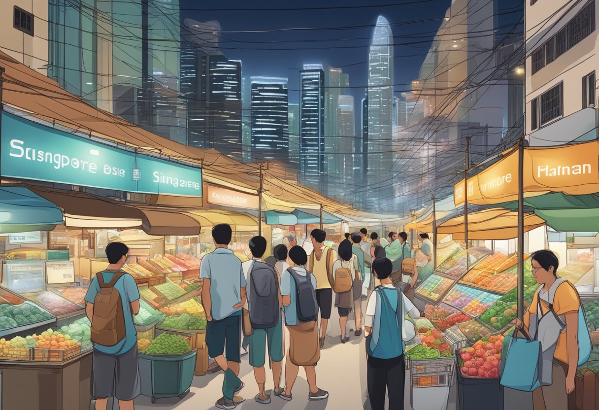 A bustling Singapore market with various electricity plans displayed, consumers comparing and choosing options