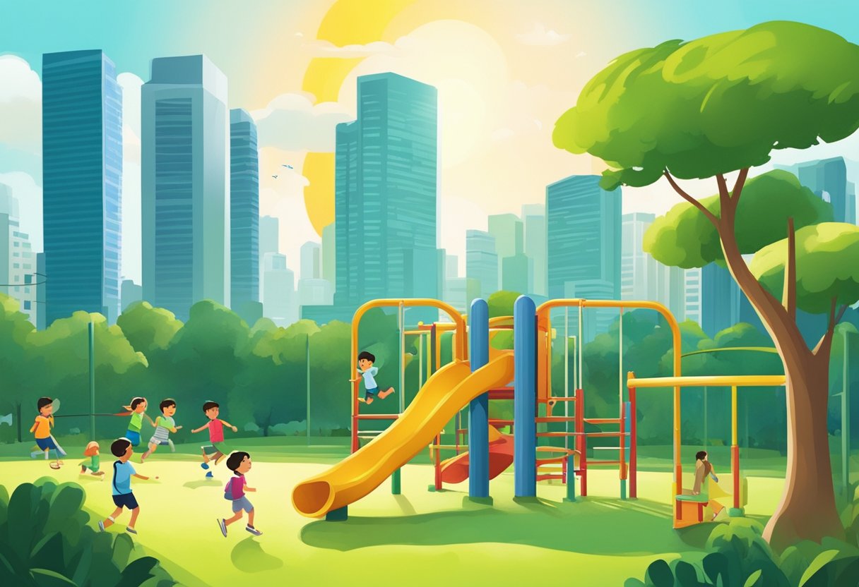 Children playing on colorful playground equipment in a lush green park in Singapore. The sun shines brightly as kids run, climb, and slide, surrounded by tall buildings in the distance
