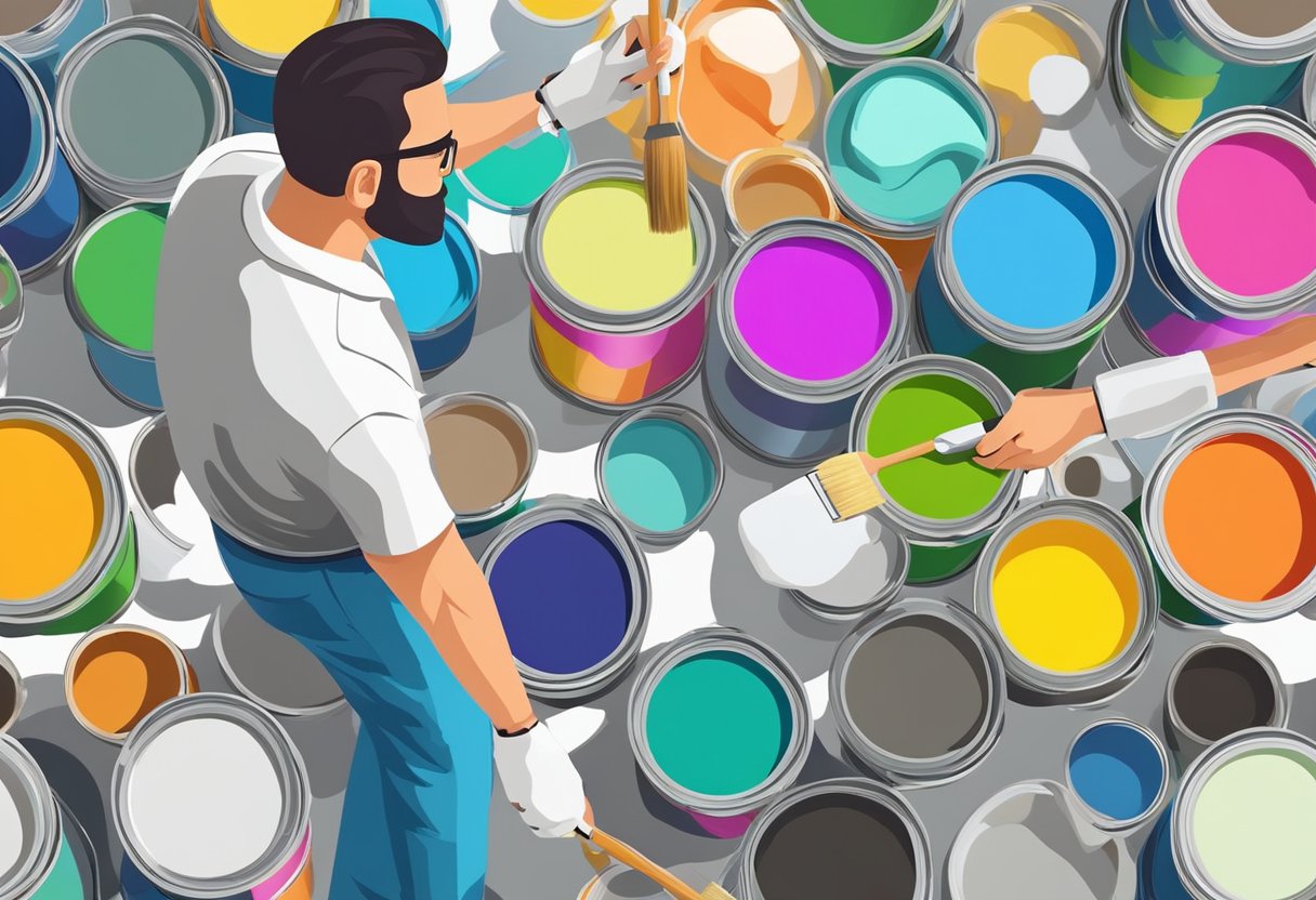 A painter carefully applies a fresh coat of paint to a wall, surrounded by cans of colorful paint and various brushes and tools