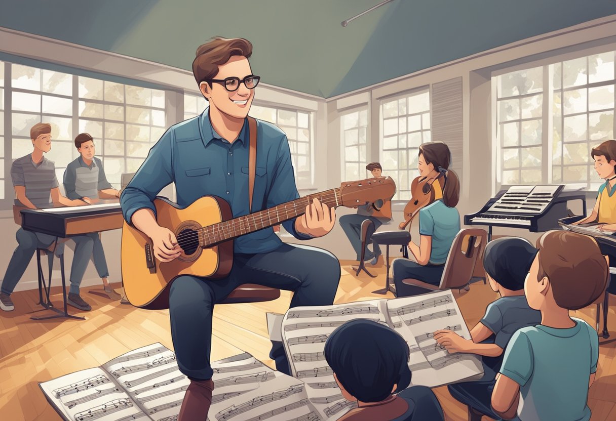 A guitar teacher answering questions from students in a music studio with instruments and music sheets in the background