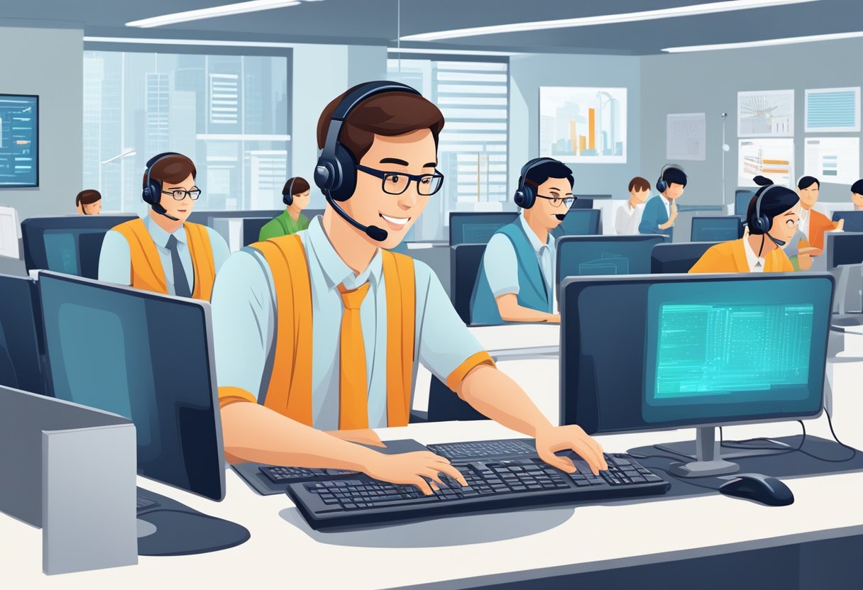 A customer service representative answers questions about Singapore electricity, surrounded by computer screens and a buzzing call center