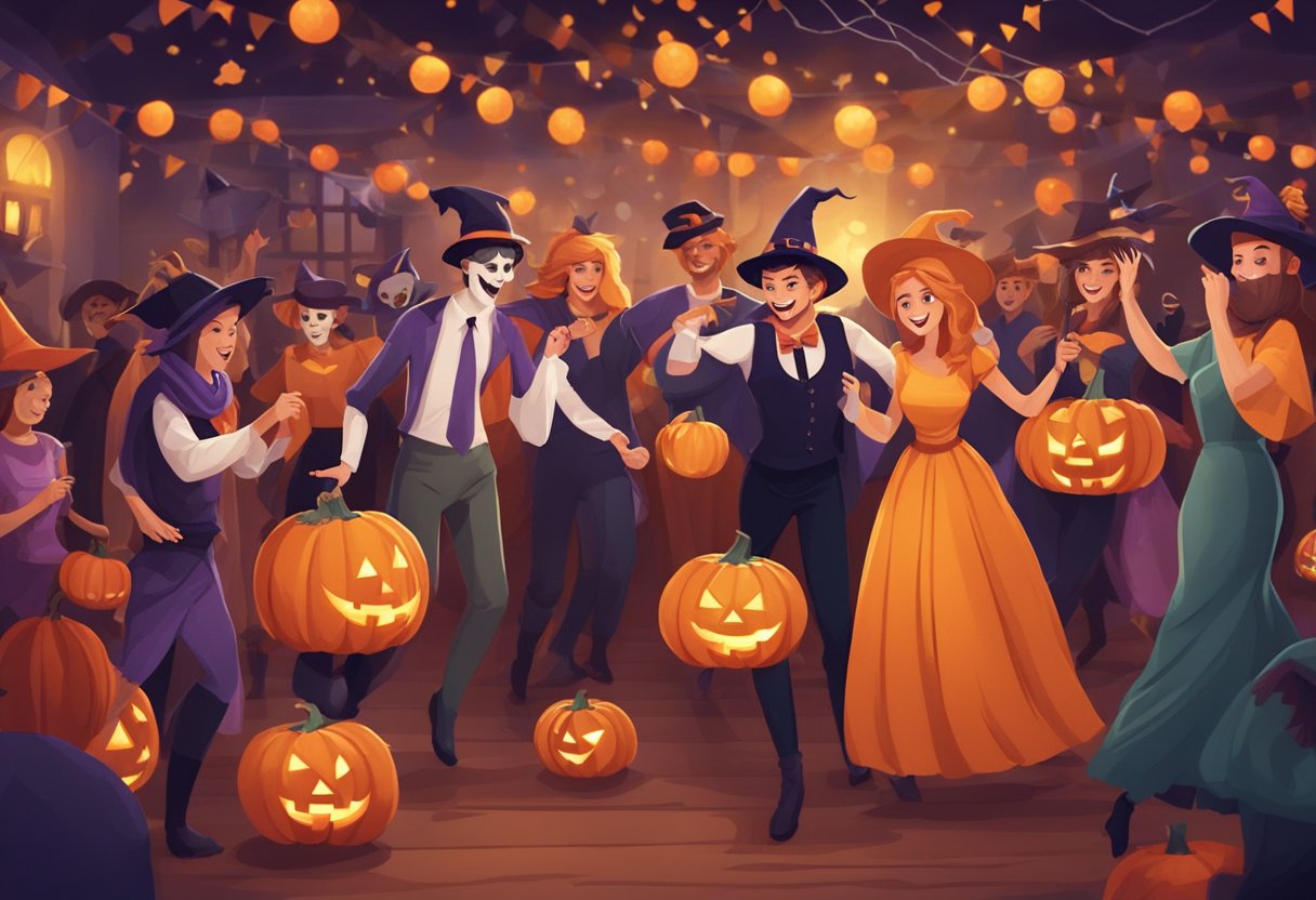 People in costumes at a Halloween party, with spooky decorations and jack-o-lanterns, dancing and enjoying the festive atmosphere