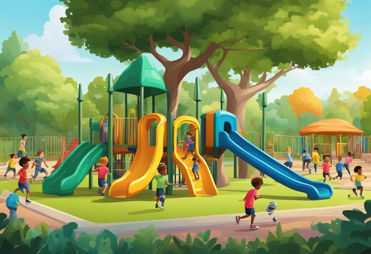 Children running, climbing, and sliding on colorful playground equipment in a lush outdoor setting with trees and greenery