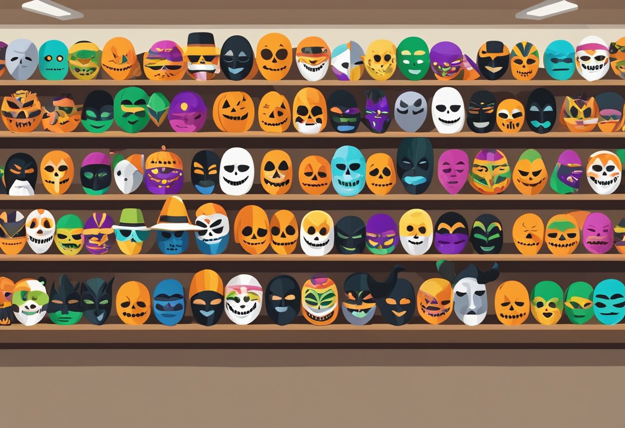 A colorful display of Halloween masks in Singapore, arranged on shelves with a sign reading "Frequently Asked Questions."