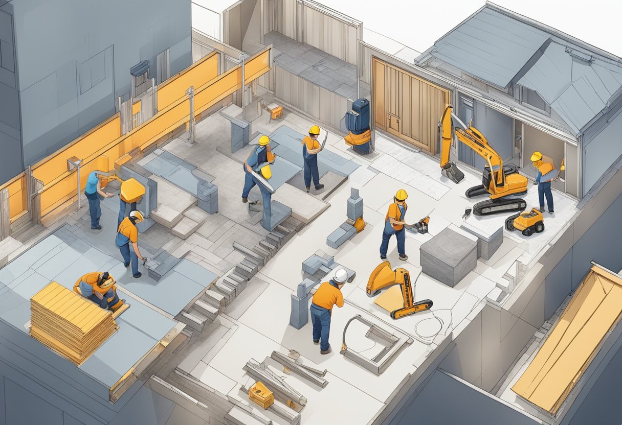 A renovation contractor in Singapore is seen working on a residential property, surrounded by construction tools, materials, and a blueprint