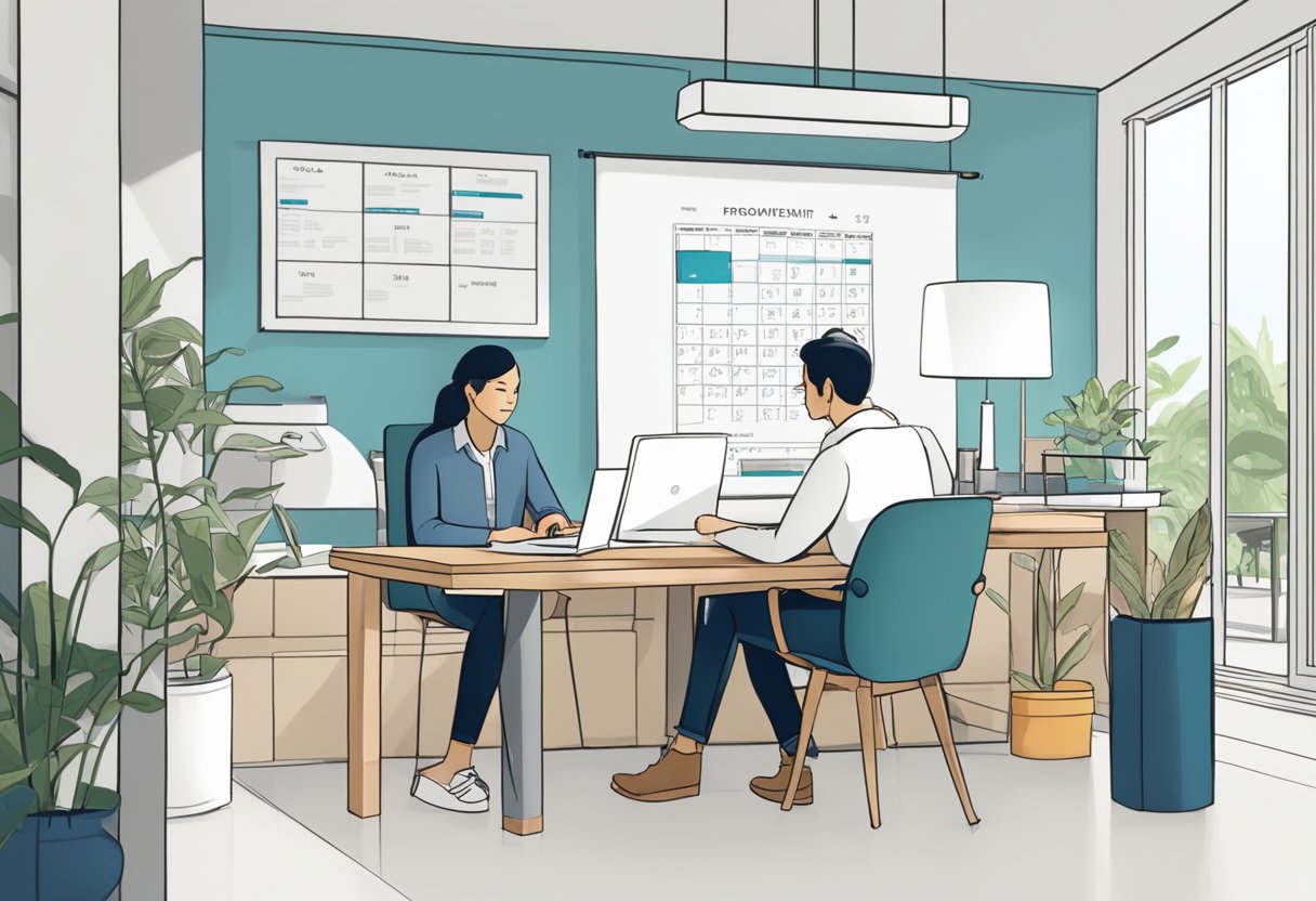 A homeowner sits at a desk with blueprints and a laptop, discussing renovation plans with a contractor in Singapore. A calendar on the wall shows the timeline for the project