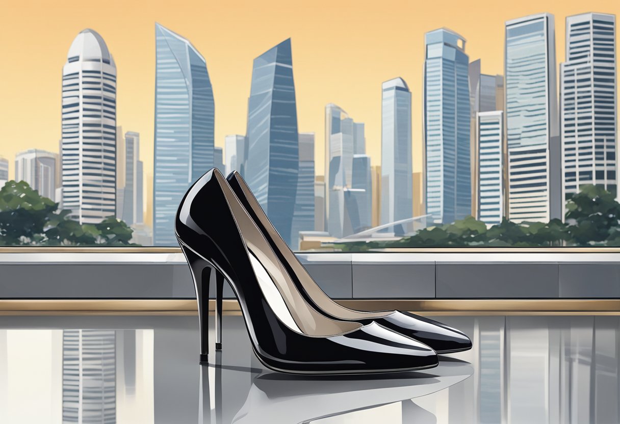 A pair of sleek, black high heels stands on a polished marble floor in the bustling city of Singapore. The iconic skyline is visible through a window in the background