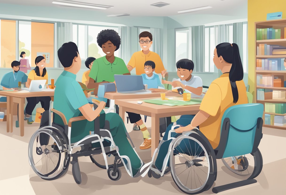 A group of diverse individuals engage in activities at the Cerebral Palsy Alliance Singapore center, showcasing inclusion and support