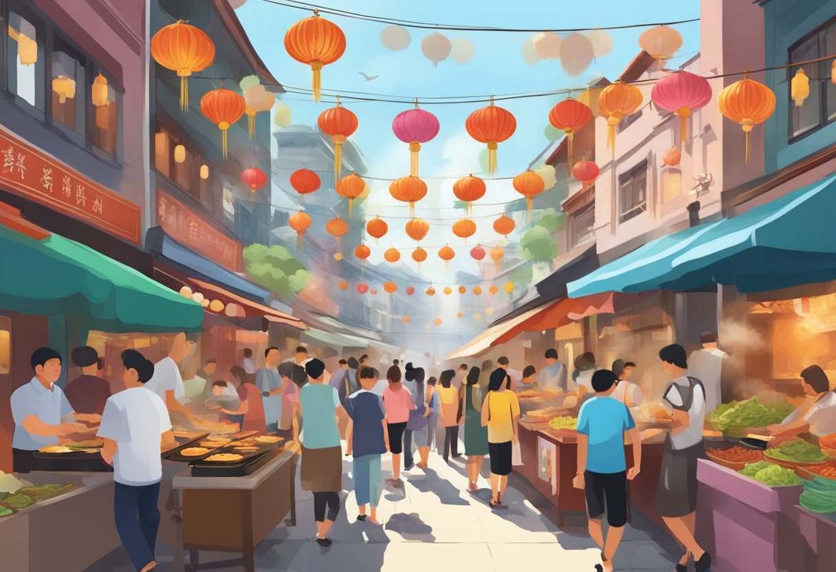 Busy Chinatown street, filled with colorful food stalls and bustling activity. Aromatic steam rises from sizzling woks, while customers eagerly sample a variety of traditional Singaporean dishes