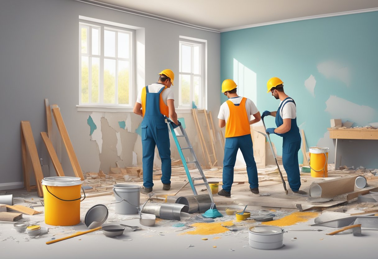 A team of workers demolishes old walls, while others install new fixtures in a bright, spacious room. Paint cans and tools clutter the floor