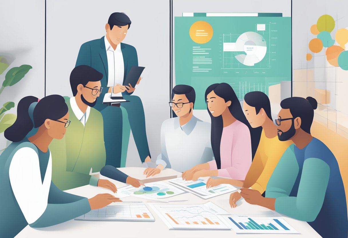 A group of people gather around a table, engaging in discussion and collaboration. Charts and graphs are displayed, indicating progress and support for cerebral palsy alliance in Singapore