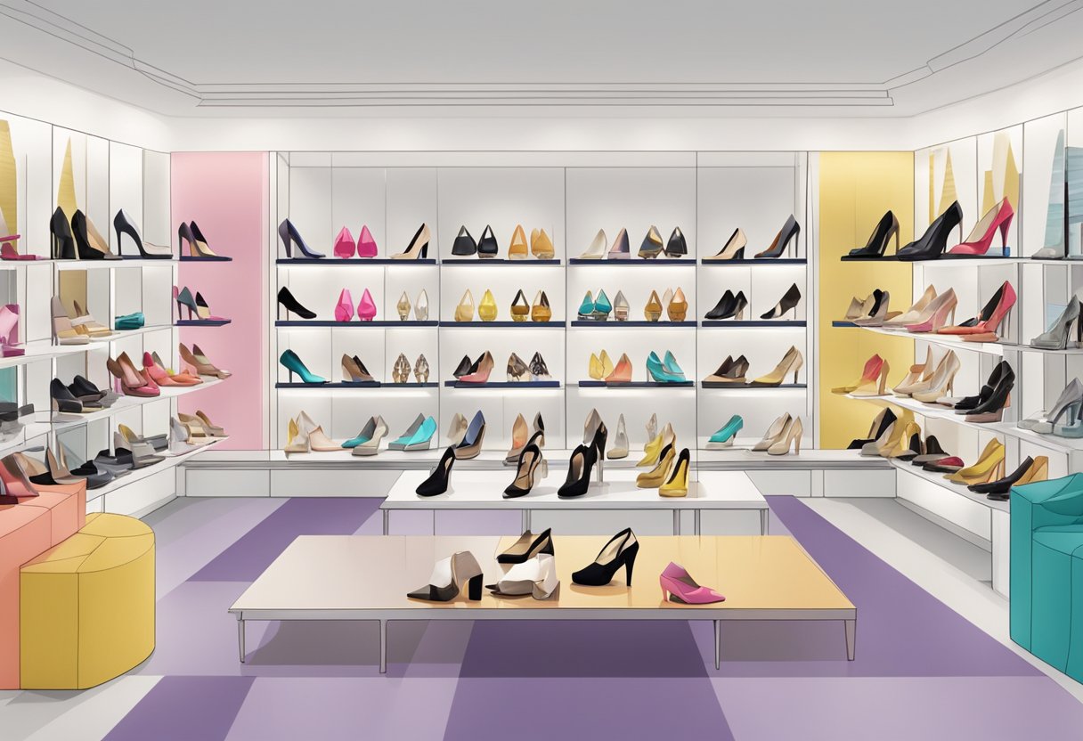 A display of various high heel styles in a Singapore boutique, showcasing different colors, materials, and designs