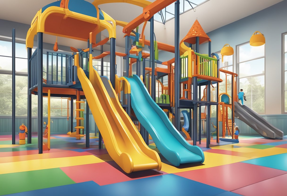 Children playing on colorful slides, climbing walls, and swinging on monkey bars at an indoor playground