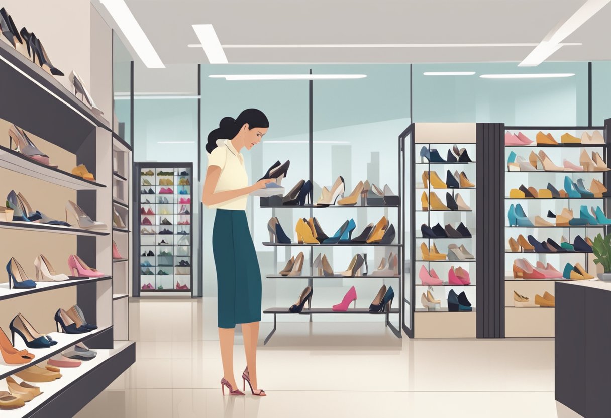 A woman tries on high heels in a modern Singapore shoe store