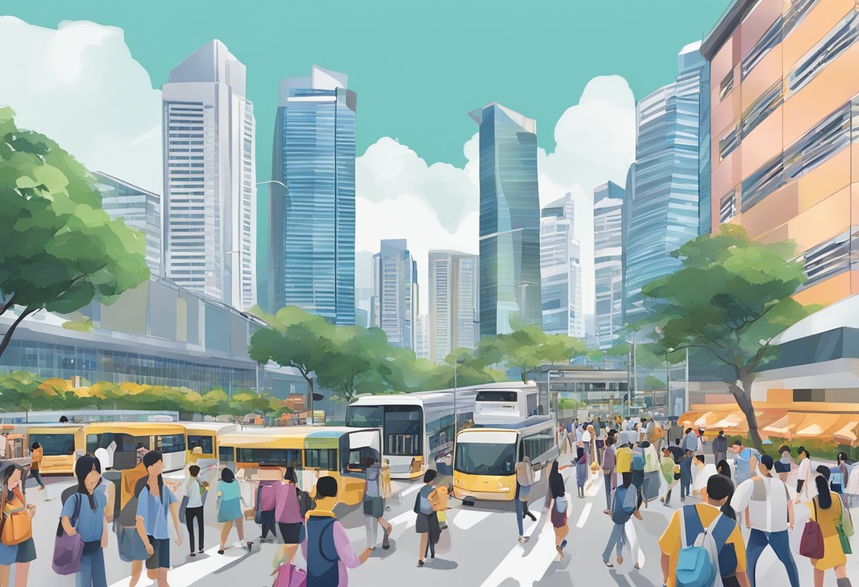 A bustling Singapore street with people using Samsung phones, skyscrapers in the background
