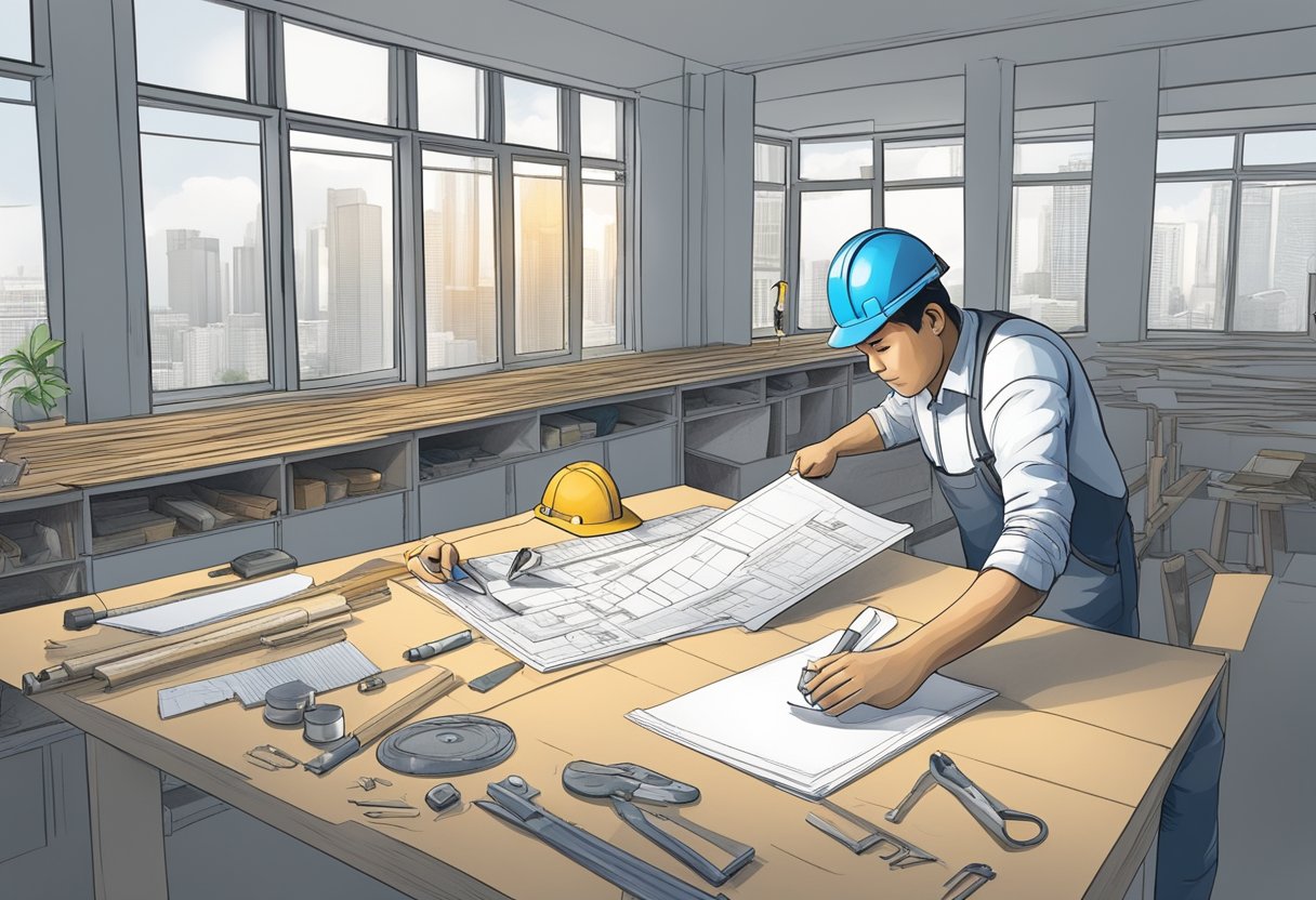 A contractor working on a renovation project in Singapore, surrounded by tools, blueprints, and a busy construction site