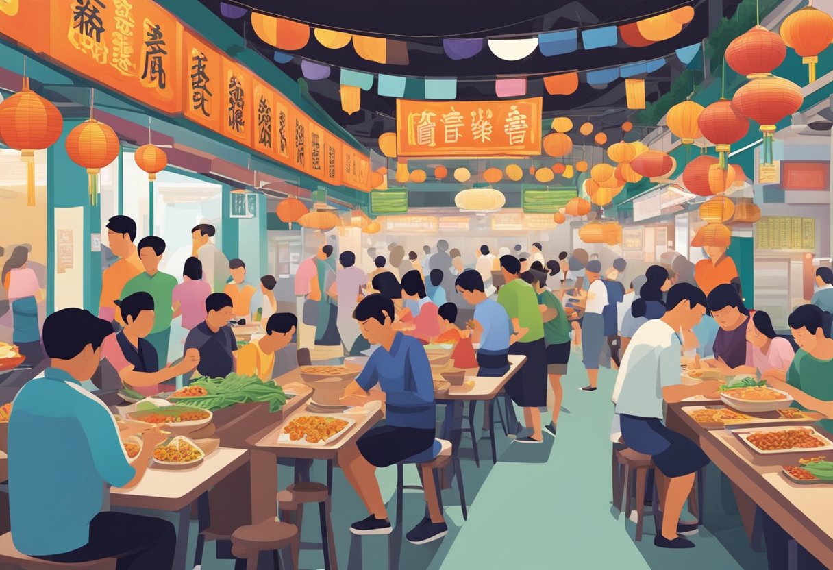 People bustling in Chinatown Complex Food Centre, Singapore. Colorful stalls offer a variety of Asian cuisine, while the aroma of sizzling dishes fills the air