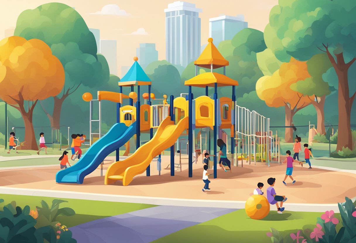 A colorful playground in Singapore with a sign reading "Frequently Asked Questions" and children playing