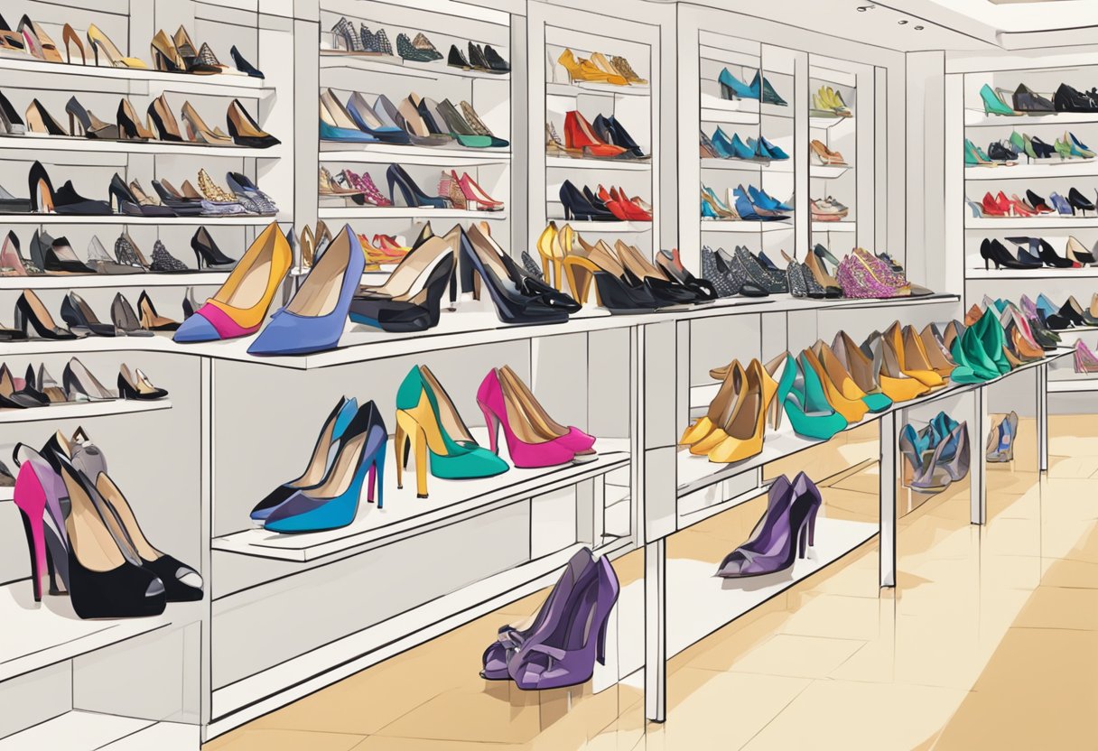 A display of high heels with a "Frequently Asked Questions" sign in a bustling Singapore shoe store