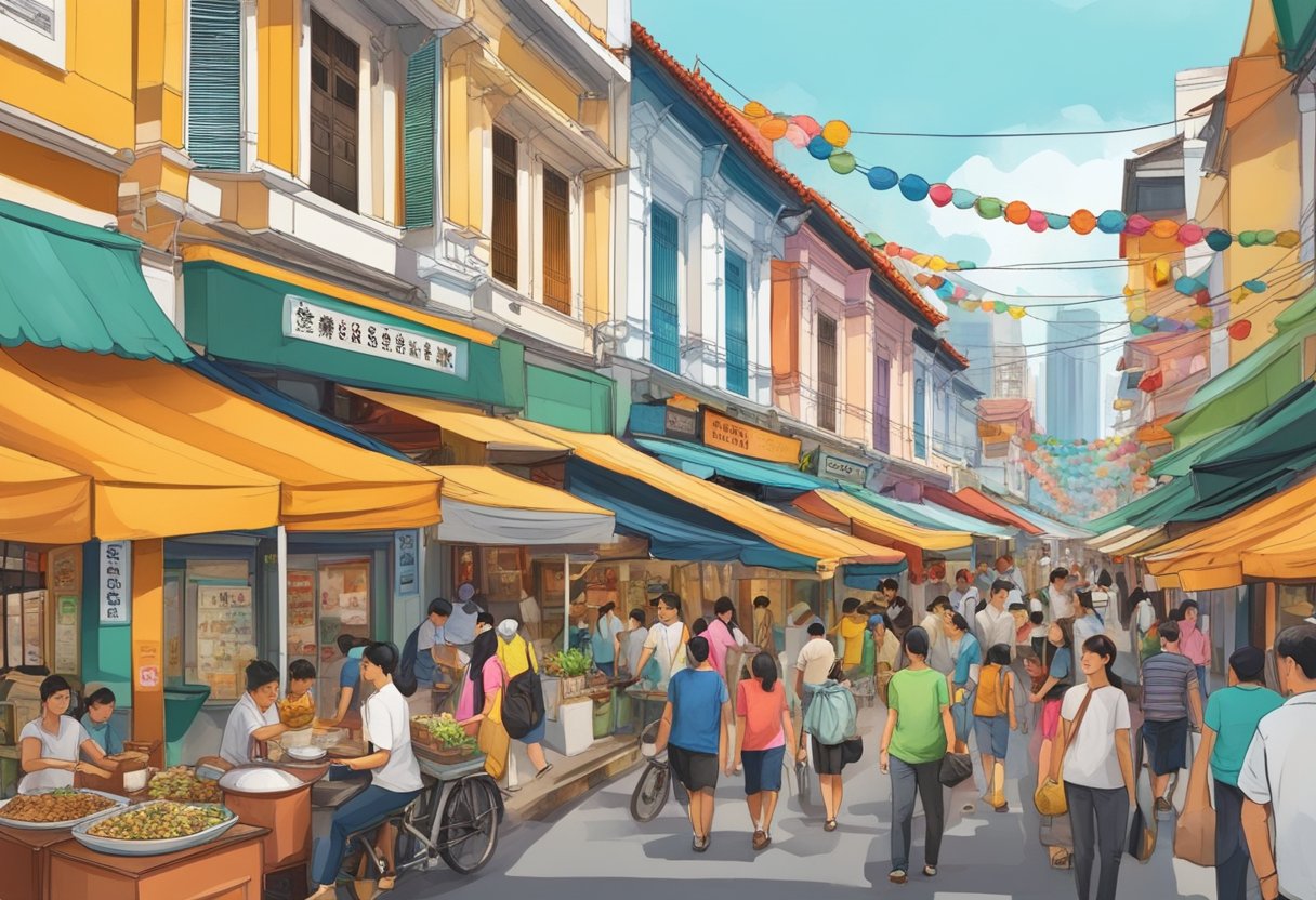 Vibrant street filled with colorful food stalls and bustling activity, showcasing the diverse culinary offerings of Keong Saik Road in Chinatown, Singapore