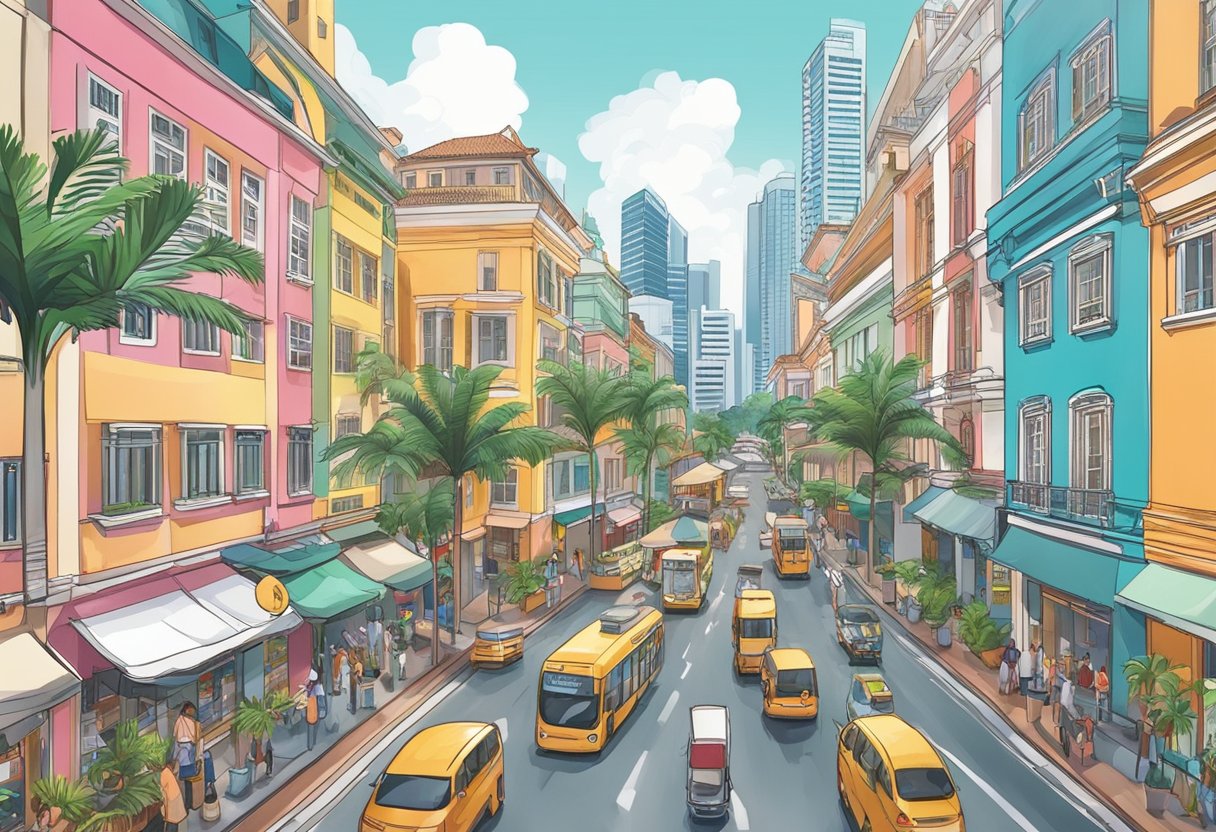 A bustling city street in Singapore, with colorful buildings, palm trees, and a mix of traditional and modern architecture