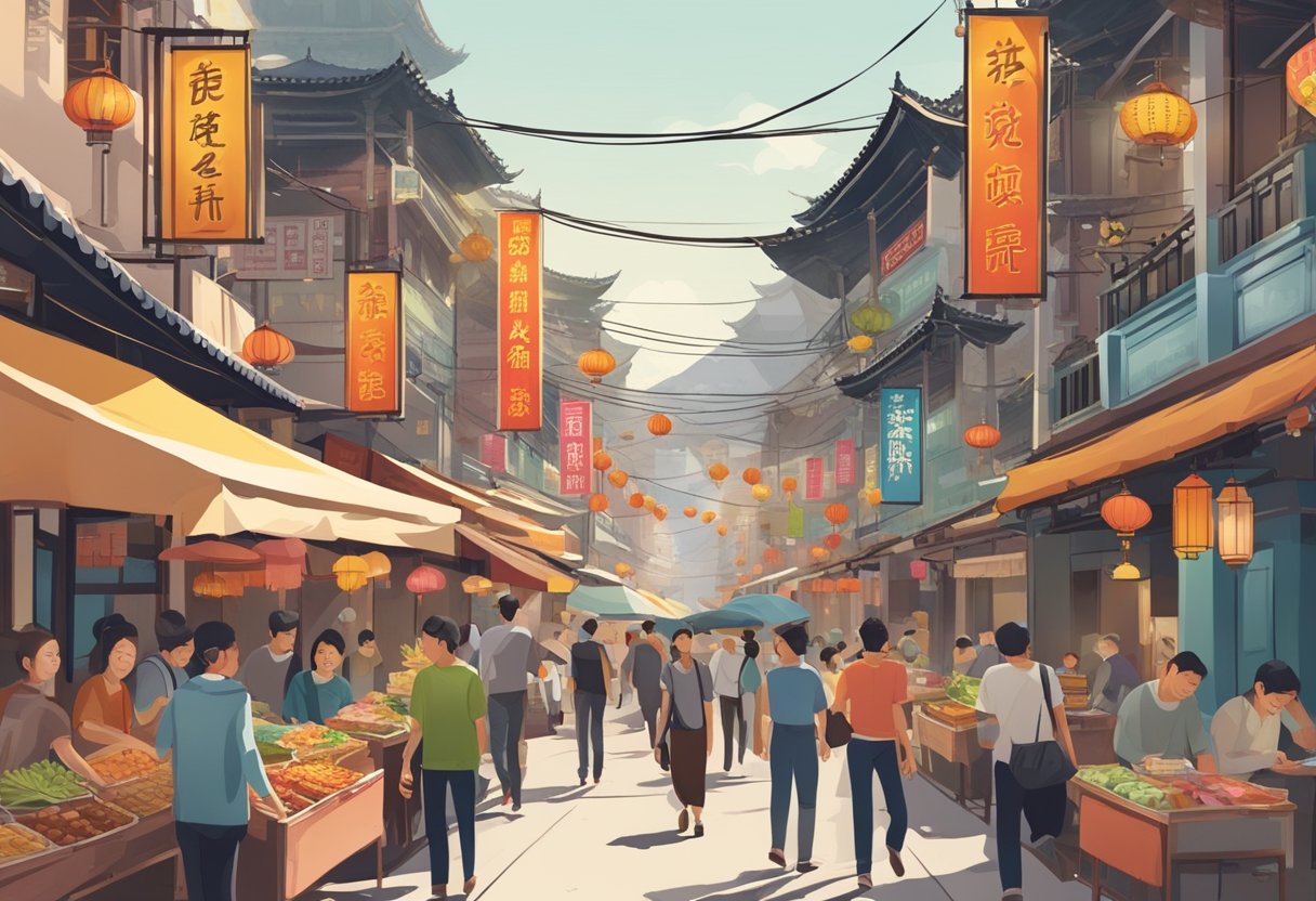 A bustling Chinatown street with colorful food stalls and signs, as locals and tourists navigate through the area, seeking out popular dishes