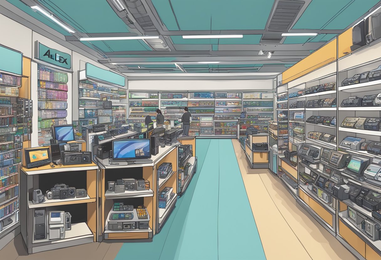 A bustling electronics store in Sim Lim Square, with vibrant displays of cameras and accessories at Alex Photo Singapore