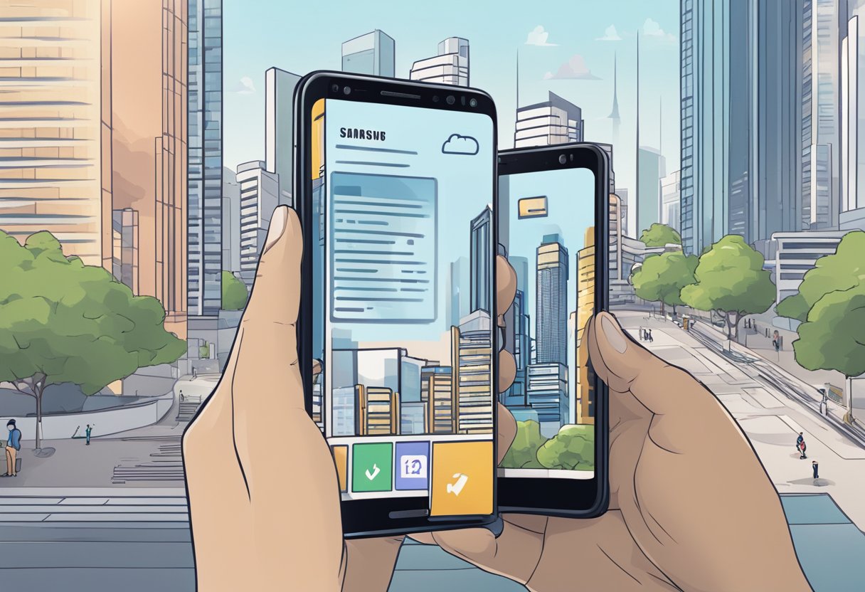 A person browsing a Samsung phone with "Frequently Asked Questions" displayed on the screen, surrounded by a modern and sleek Singaporean cityscape