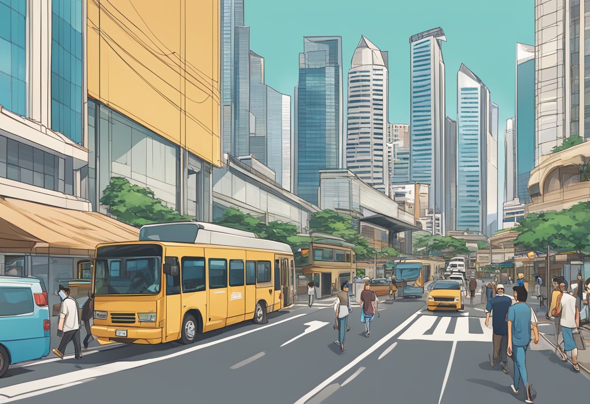 A bustling city street with a prominent sign for "Frequently Asked Questions" and the skyline of Singapore in the background