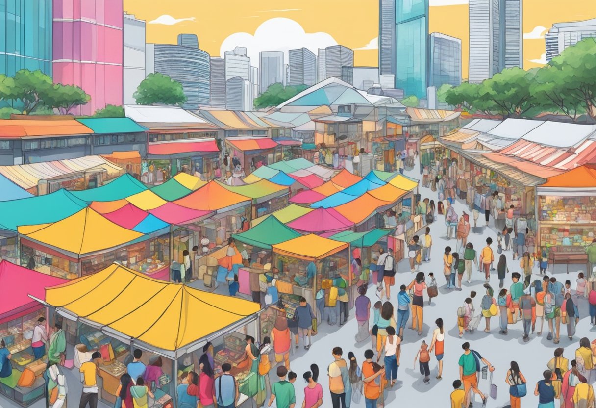 Vibrant artbox market in Singapore, with colorful stalls and bustling crowds