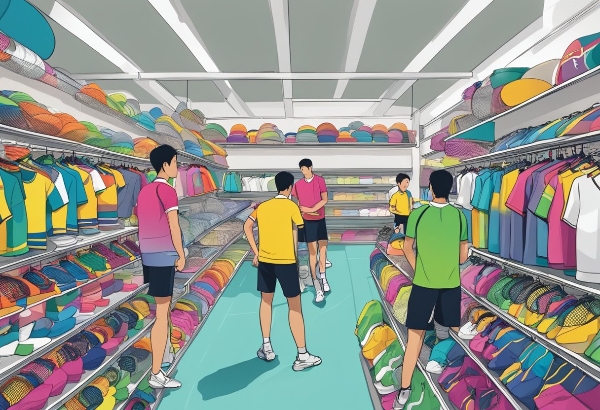 A badminton shop in Singapore bustling with customers browsing rackets, shuttlecocks, and sportswear. Shelves lined with colorful equipment and a display of professional player endorsements