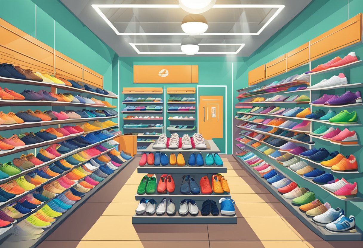 Customers browsing badminton rackets, shoes, and accessories in a brightly lit Singaporean shop. Shelves neatly display a variety of products