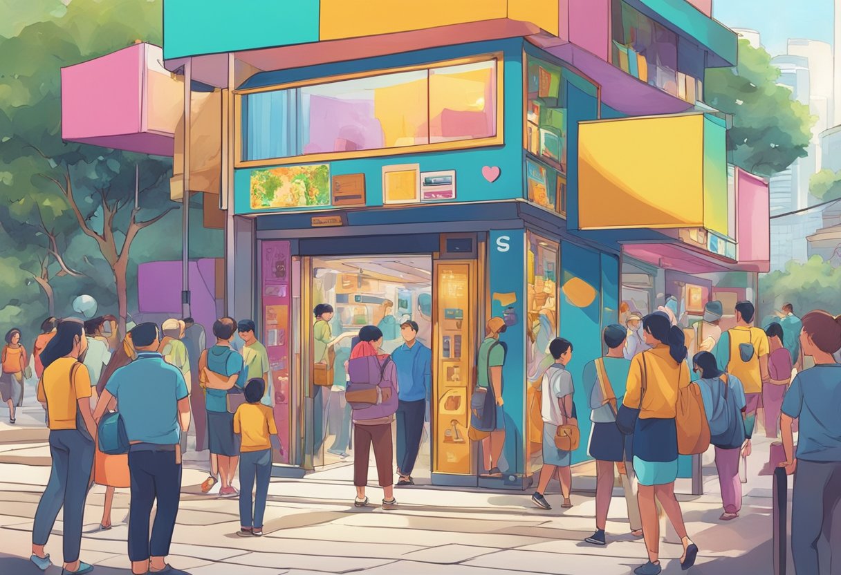 A colorful artbox with "Frequently Asked Questions" signage, surrounded by curious onlookers in a vibrant Singapore setting