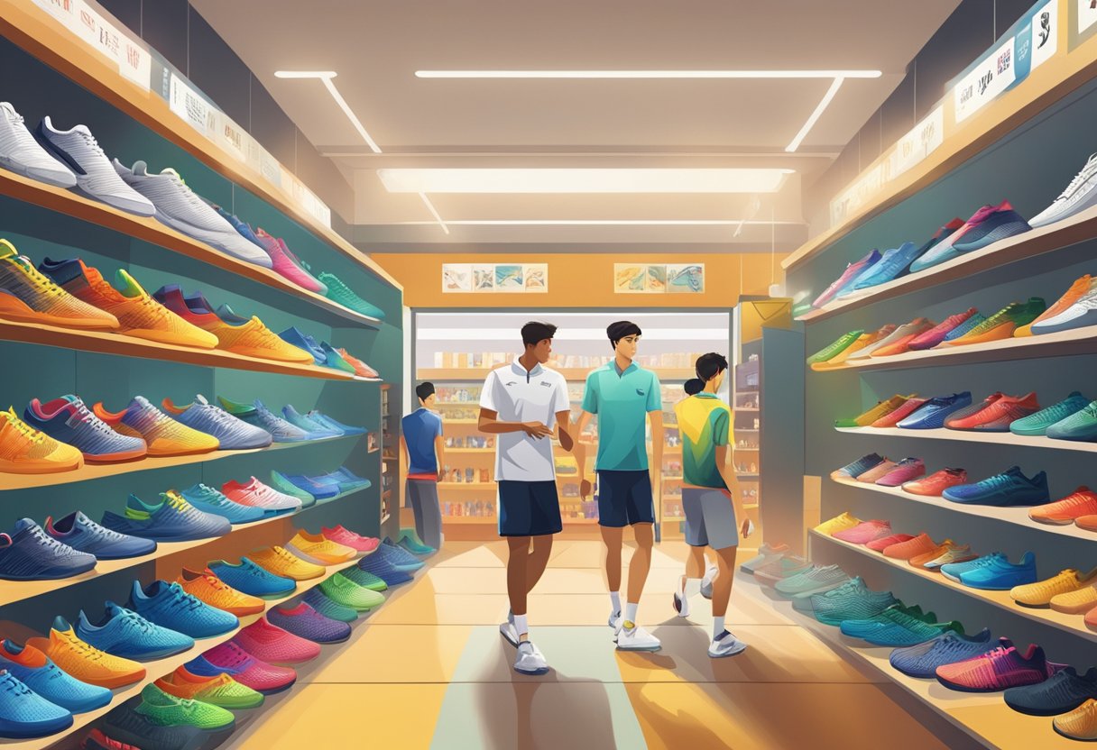 Players browse shelves of rackets, shoes, and shuttlecocks in a well-lit badminton shop. The walls are adorned with posters of professional players in action