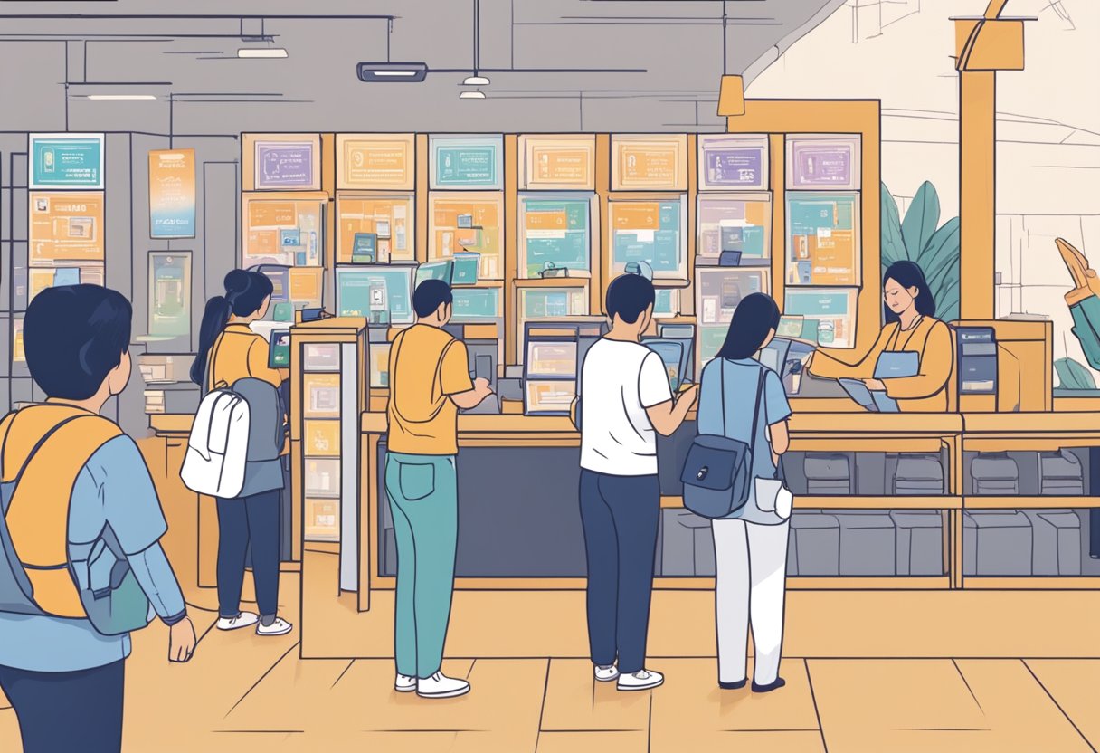 People redeeming Singapore Rediscover Vouchers at various locations, such as attractions, restaurants, and hotels. Vouchers being scanned or handed over