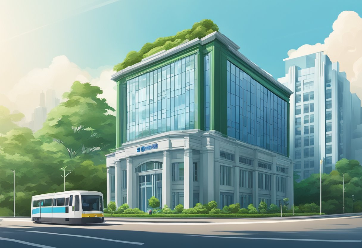 A bank building with a prominent ICBC Singapore sign, surrounded by lush greenery and a clear blue sky