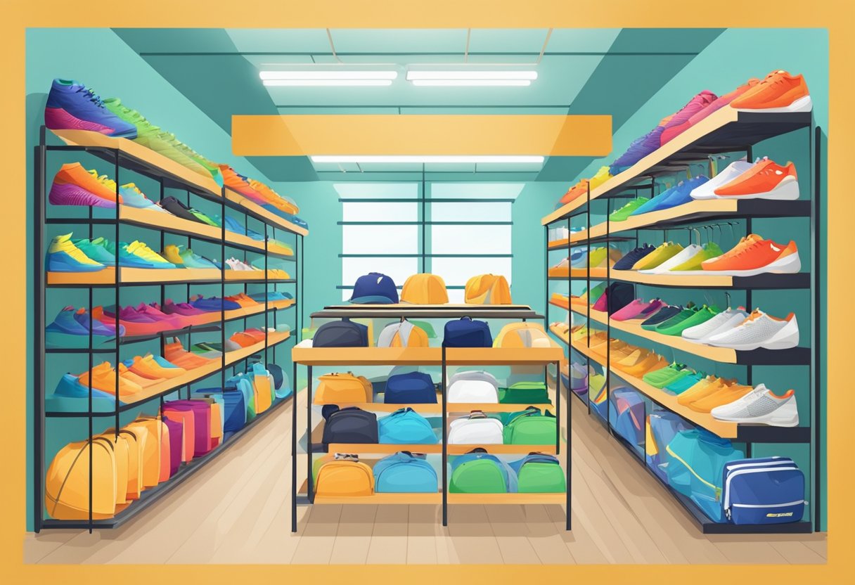 A bright, organized badminton shop in Singapore with shelves of rackets, shuttles, and sportswear. Customers browse and ask staff questions
