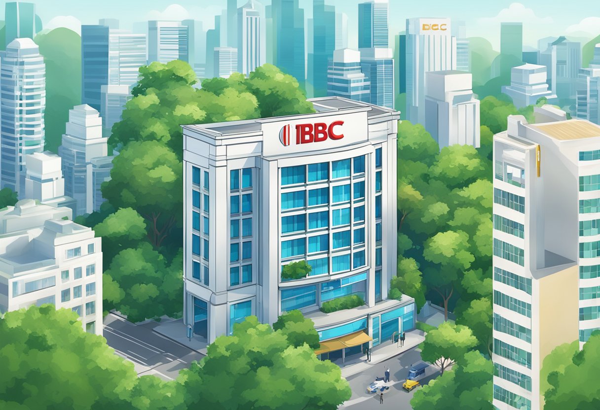 A bank building with ICBC Singapore signage, surrounded by lush greenery and a clear blue sky