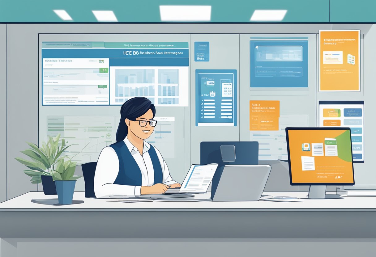 A bank representative manages accounts and promotes ICBC Singapore fixed deposit with brochures and digital displays