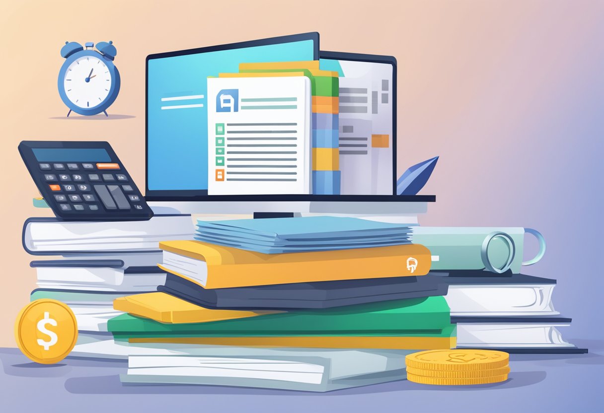 A stack of FAQ documents with ICBC Singapore Fixed Deposit logo, surrounded by a computer, calculator, and pen