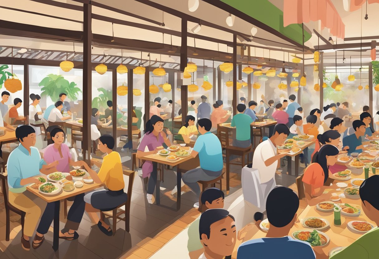 A bustling Coco Ichibanya restaurant in Singapore with colorful decor, steaming plates of curry, and a line of eager diners