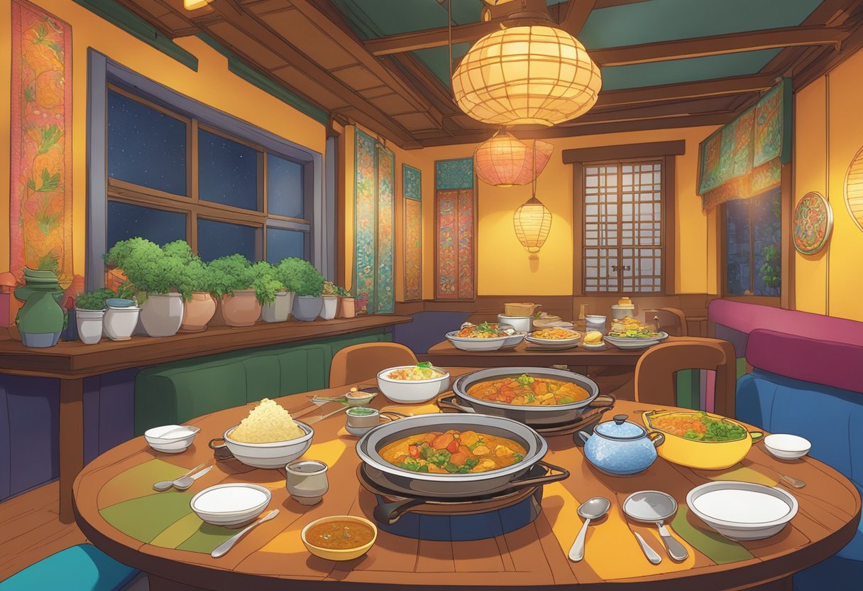A table set with steaming plates of curry, surrounded by colorful decor and cozy lighting at Coco Ichibanya in Singapore