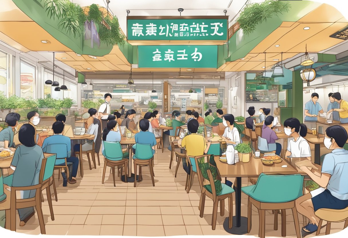 A crowded restaurant with a prominent sign reading "Frequently Asked Questions coco ichibanya singapore" above the entrance. Tables and chairs fill the space, and customers enjoy their meals
