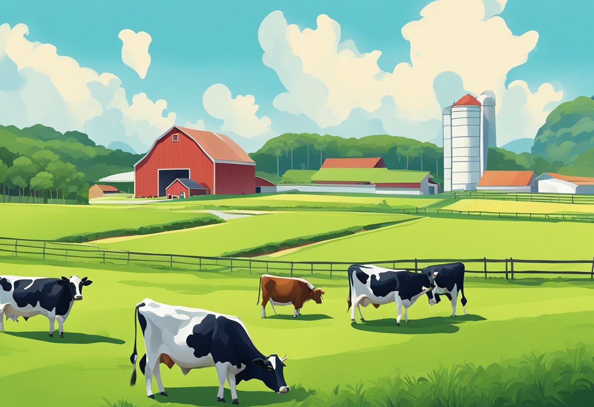 Lush green fields with grazing cows, a red barn in the distance, and a clear blue sky above the dairy farm in Singapore