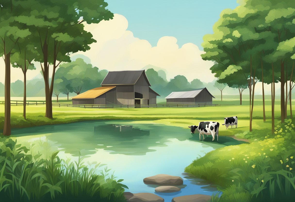 Lush green fields with grazing cows, a rustic barn, and a serene pond surrounded by trees at Dairy Farm Nature Park, Singapore