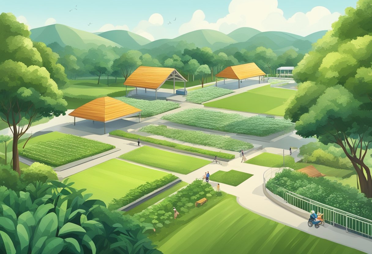 Lush green fields surround a modern dairy farm in Singapore. Wheelchair ramps and wide pathways provide accessibility to all areas. A playground and picnic area offer amenities for visitors
